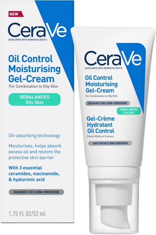 En CeraVe gel-creme for fet hud, som hevder å balansere oljeproduksjon og gjenoppbygge huden, med 3 viktige ingredienser og uten parfyme.