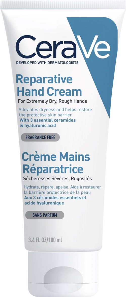 Tube af CeraVe reparativ håndcreme med blå og hvid emballage, beskrivelser på engelsk og fransk, uden parfume, 100 ml.