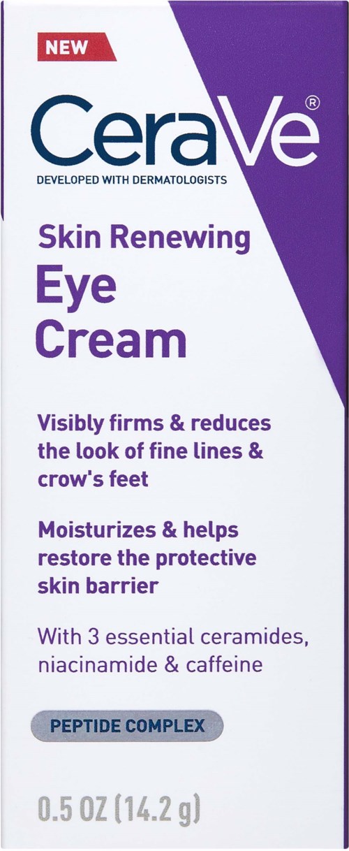En boks描述 CeraVe Skin Renewing Eye Cream, som hjelper mot fine liner og inneholder ceramides, niacinamide og koffein.
