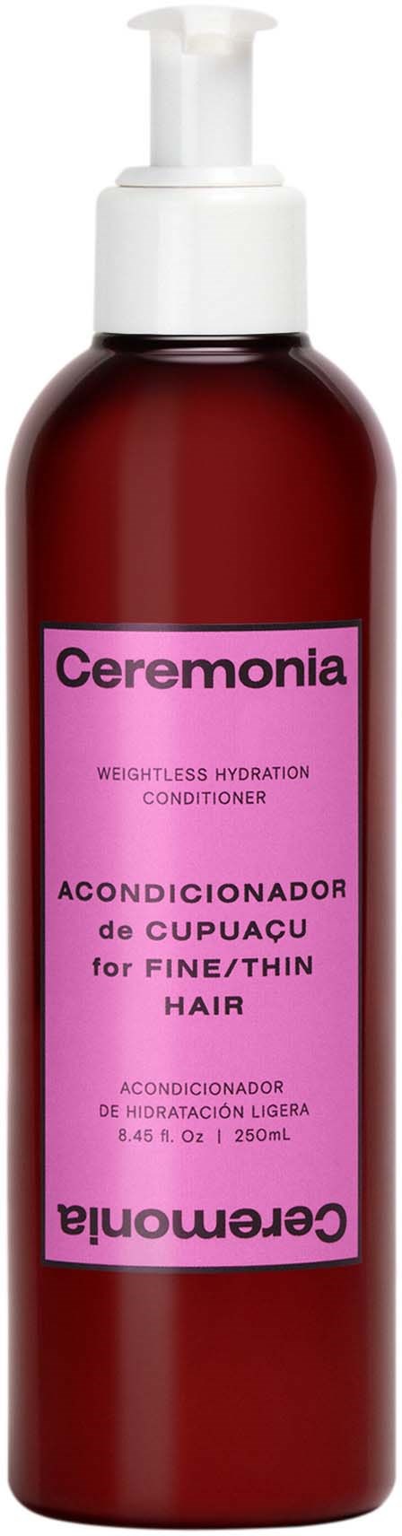 Rode fles met witte pomp, label 'Ceremonia' voor fijn en dun haar, hydraterende conditioner.