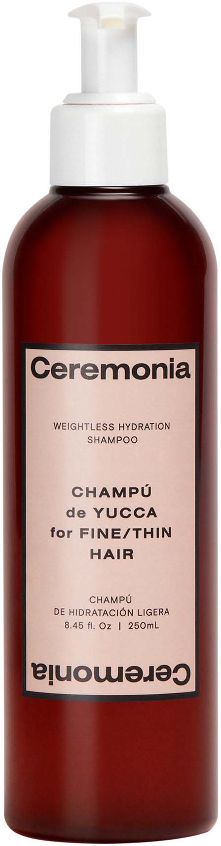 Bruine fles met witte pomp, gelabeld Ceremonia, voor fijn/dun haar, 250ml, hydraterende shampoo.
