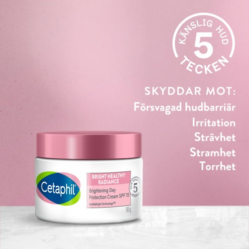 Rotes Hautpflegeglas vor rosa Hintergrund mit Text über Hautprobleme und Schutz. Enthält die Marke Cetaphil.