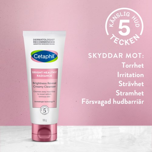 Eine rosa-weiße Tube von Cetaphil mit einer Liste von fünf Hautproblemen, gegen die sie schützt, auf rosa Hintergrund.