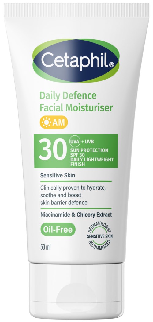 En hvid tube med Cetaphil fugtighedscreme med grøn og blå mærker, SPF 30, til følsom hud, olie-fri formel.