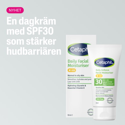 Tekst, der viser fordele ved et produkt: Niacinamide, Chlorella-ekstrakt, Vitamin E. Det beskytter huden mod solen og styrker den.