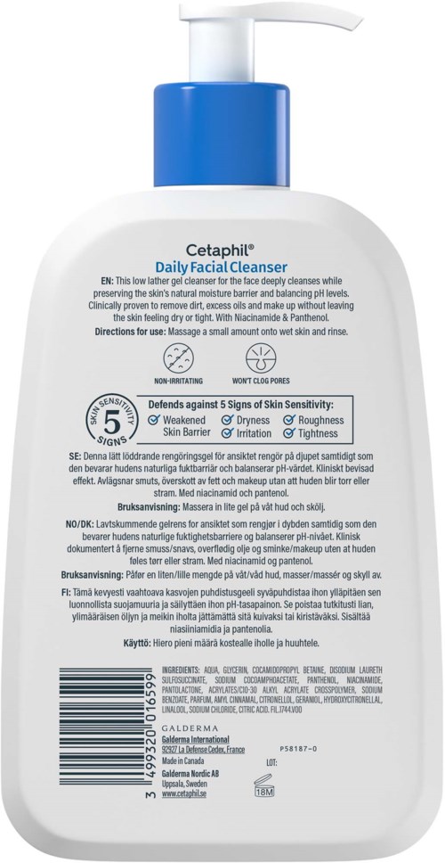 Eine weiße und blaue Flasche von Cetaphil Daily Facial Cleanser mit Anweisungen und Vorteilen auf der Rückseite.