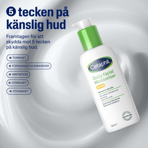 En flaske Cetaphil Daily Facial Moisturizer på en lys baggrund. Teksten opregner fem tegn på følsom hud.