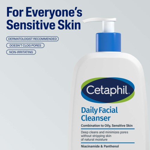 En flaska Cetaphil Daily Facial Cleanser för känslig hud, med information om dess fördelar och ingredienser.