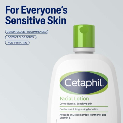 Cetaphil ansiktslotionflaska visas med etiketter som lyfter fram hudfördelar och ingredienser för känslig hud.