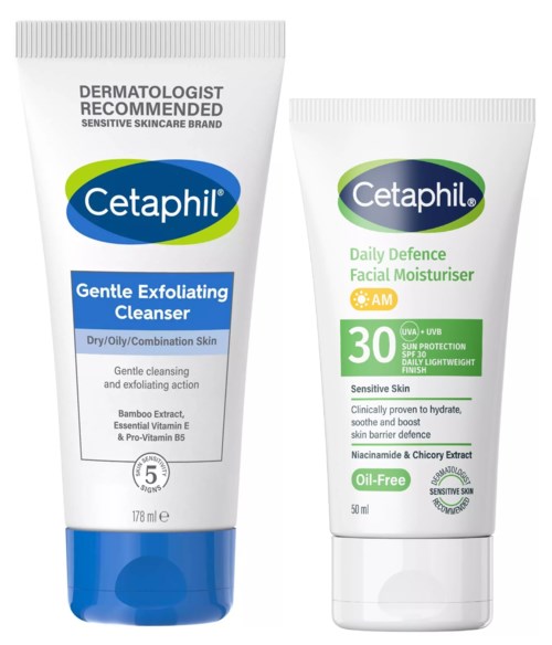 To tube Cetaphil hudplejeprodukter, en til blid rensning og eksfoliering, den anden til daglig fugtgivende med solbeskyttelse.