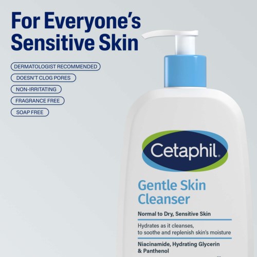 Pulloque Cetaphil Gentle Skin Cleanser herkälle iholle, hyödyt listattu sivulla.