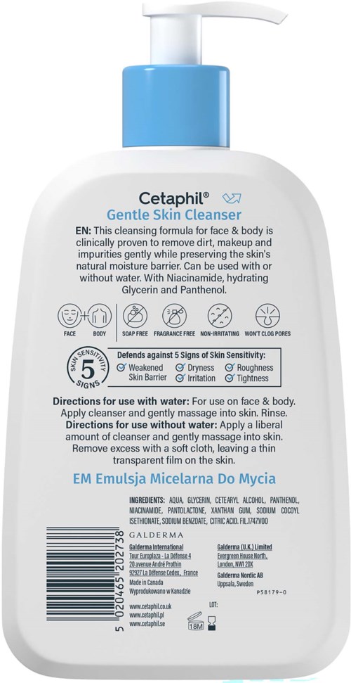 En vit och blå flaska märkt Cetaphil Gentle Skin Cleanser med instruktioner och ingredienser.