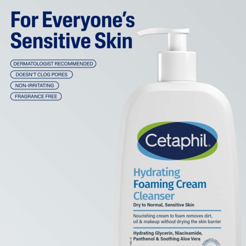 Eine weiße Flasche mit Pumpe zeigt Cetaphil Hydrating Foaming Cream Cleanser für empfindliche Haut, mit Vorteilen.