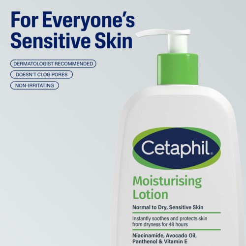 Dies ist eine weiße Flasche mit Cetaphil Feuchtigkeitslotion mit grünem Deckel.