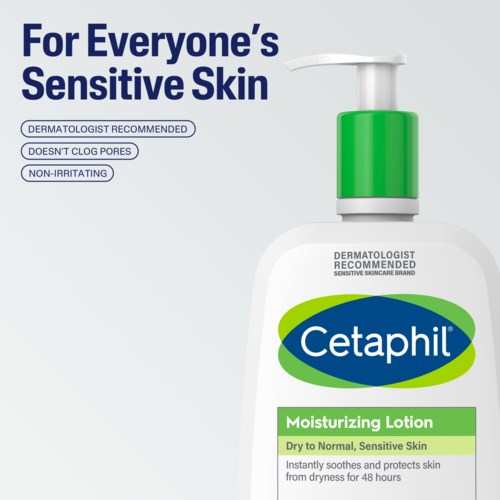 Cetaphil verzachtende lotion voor gevoelige huid, met pomp en label die voordelen toont, op een lichte achtergrond.