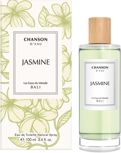 Jasmin-parfyyttipullo ja laatikko, joissa vihreät kukkakuviot ja musta teksti, nimeltään Chanson d'Eau Bali.