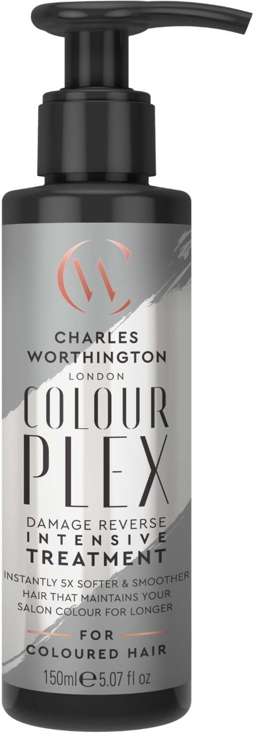 Eine schwarze Flasche mit Pumpe enthält Charles Worthington Colour Plex Behandlung für coloriertes Haar, 150 ml.