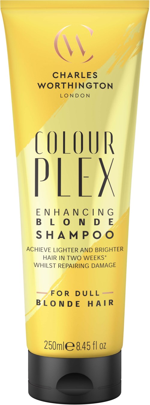 En gul flaska av Charles Worthington Colour Plex som förbättrar blont hår för trötthet.