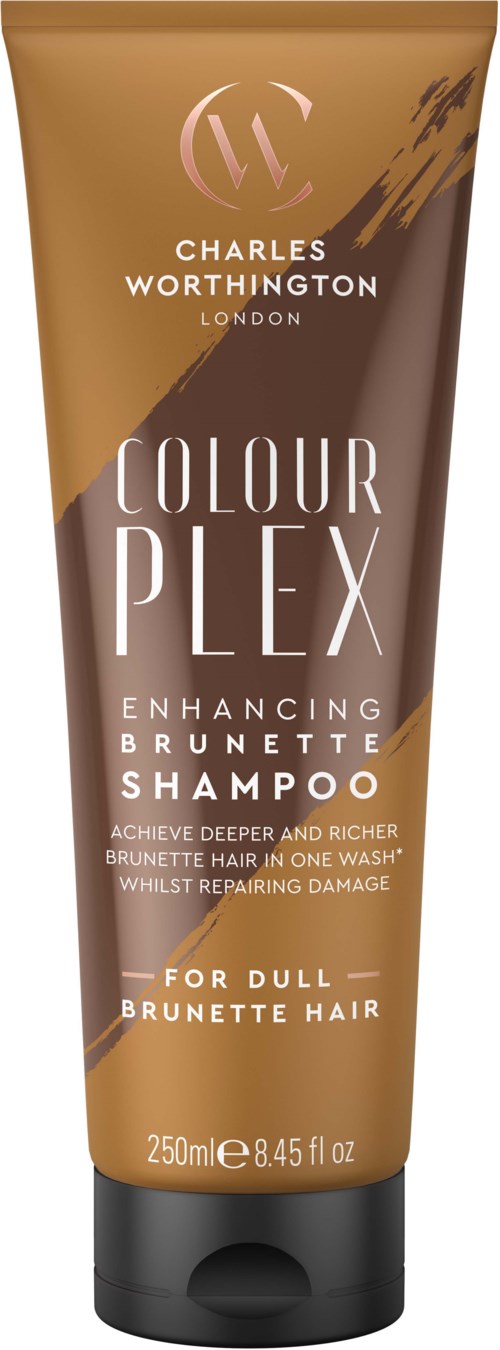 Eine Flasche Charles Worthington Colourplex Brunette Shampoo für mattes, braunes Haar, 250ml, braune und schwarze Farben.