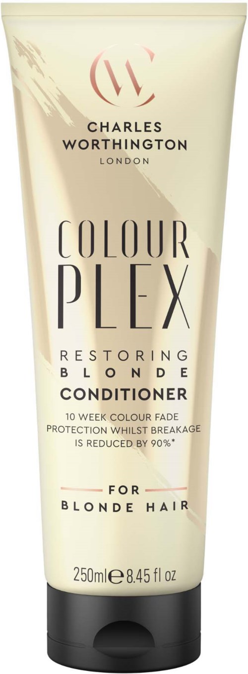 En tub med Charles Worthington Colour Plex Restoring Blonde Conditioner för blont hår, 250 ml.