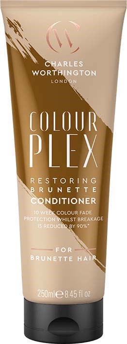 En tub med Charles Worthington Colour Plex balsam för brunt hår. Den har en beige och brun design med textdetaljer.