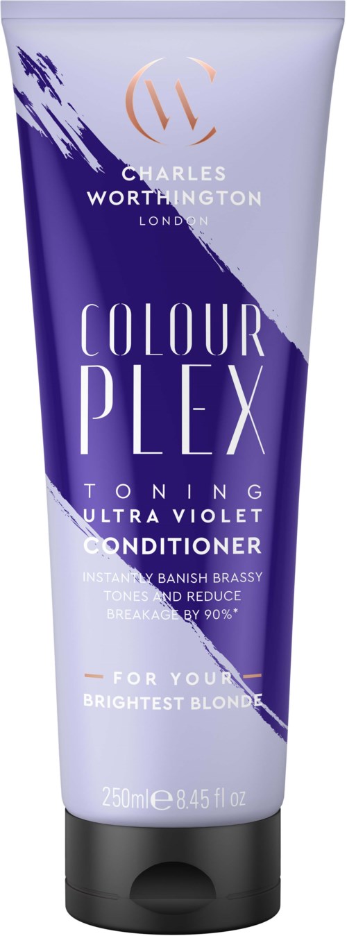 Eine Tube Charles Worthington Colourplex Toning Ultra Violet Conditioner für Blondinen in lila und weißer Verpackung.