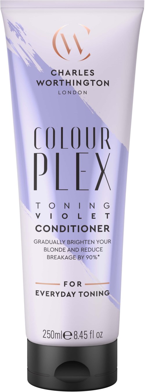 En tub med Charles Worthington Colour Plex Violet Conditioner för daglig hårtoning, 250 ml.