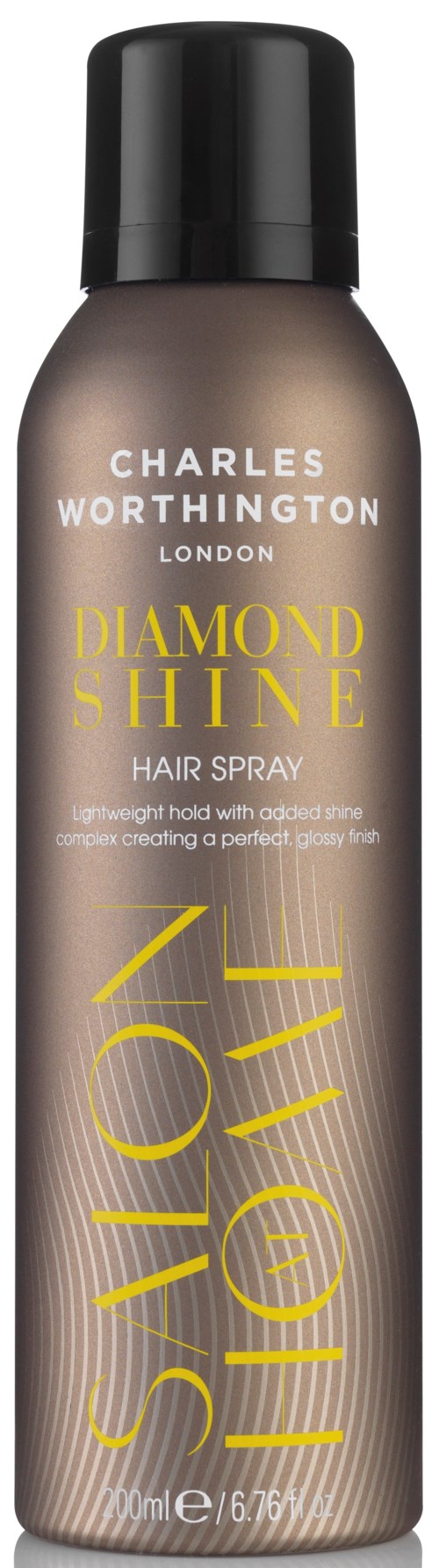 En flaska Charles Worthington Diamond Shine hårspray med svart lock och grå kropp, med gul och vit text.