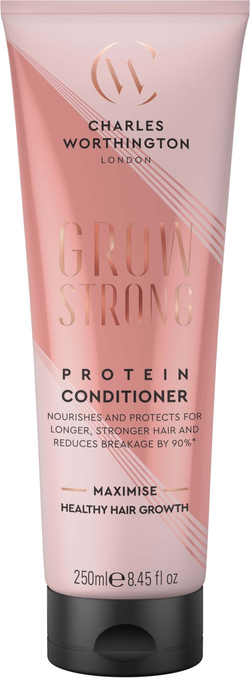 Pinke Haarspülung mit schwarzem Deckel, beschriftet Charles Worthington London Grow Strong Protein Conditioner.