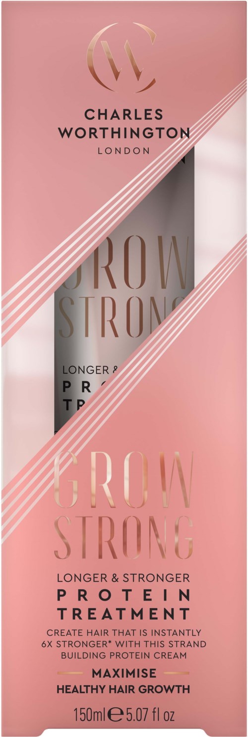 Ein rosa Karton enthält eine Flasche Charles Worthington Grow Strong Proteine-Behandlung für das Haarwachstum.