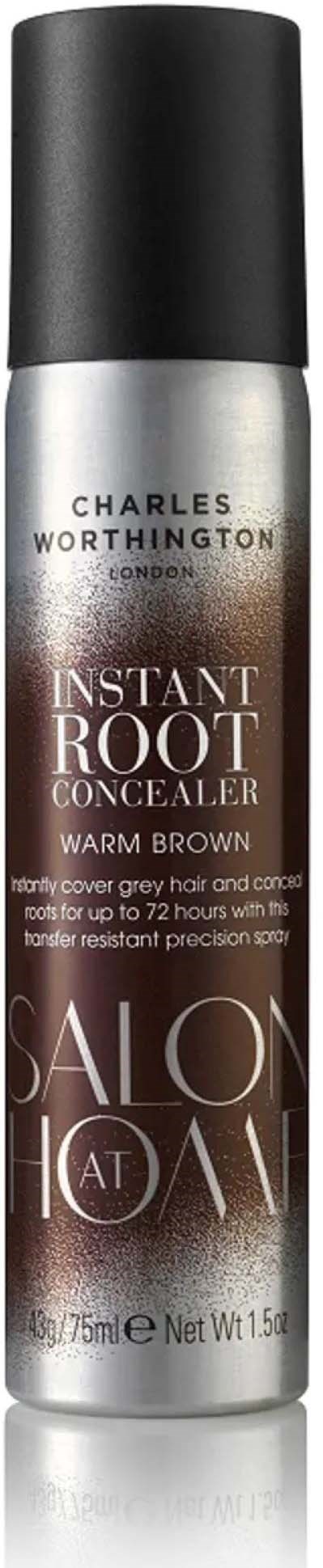 Eine Dose Charles Worthington Instant Root Concealer in Warm Brown, zum sofortigen Abdecken von grauem Haar und Ansatz.