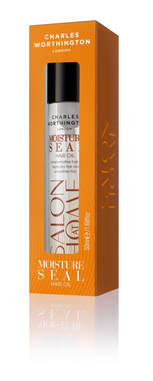 En box och flaska av Charles Worthington moisture sea hårol, orange och vita färger, modern förpackning.