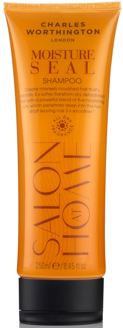 En orange tub av Charles Worthington Moisture Seal schampo med svart lock.