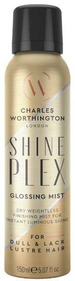 Shine Plex Glanzsprühflasche mit schwarzem Deckel, goldfarben, und Text für Glanz und Mattheit.