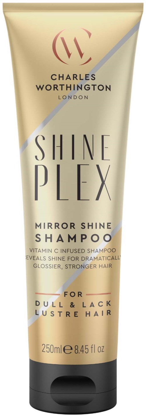 Ein beiger Tube mit Charles Worthington Shine Plex Mirror Shine Shampoo für glanzloses und kraftloses Haar. 250 ml.