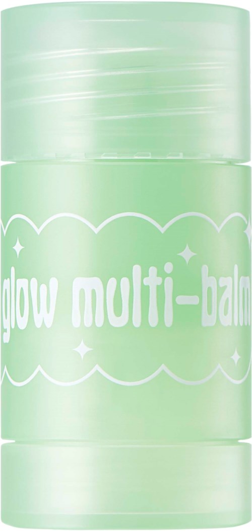 Ein hellgrüner Behälter mit der Aufschrift 'glow multi-balm' und kleinen Sternen rundherum.