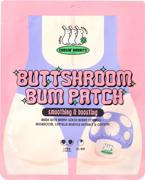 Rosa og lilla emballasje for butt-shroom bum patches med tegneserpesopper og bummer, nevner beroligende og styrkende effekter.