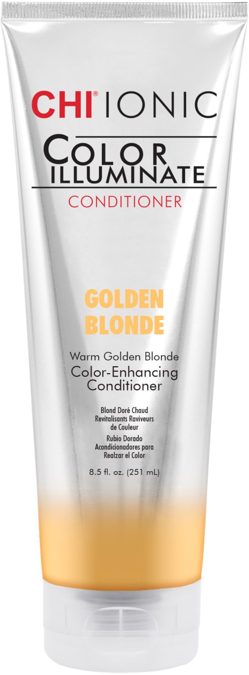En vit tub med hårbalsam med röd, svart och guld text, märkt 'CHI Ionic Color Illuminate Condition'