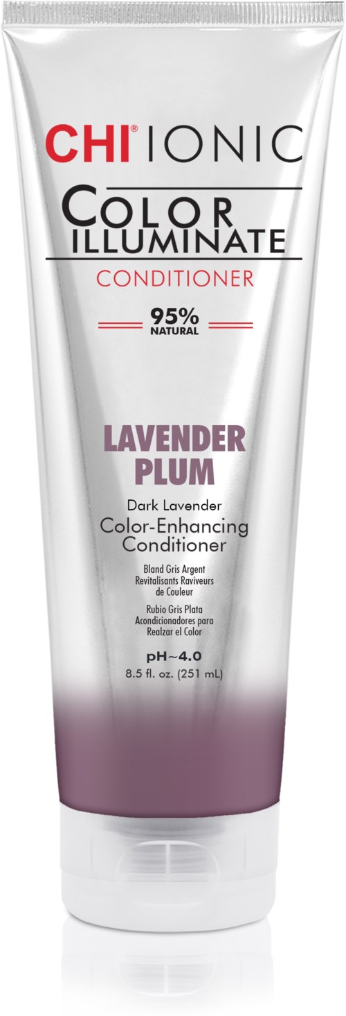 En tub av Chi Ionic Color Illuminate Conditioner med doft av lavendel och plommon, innehåller 95% naturliga ingredienser.