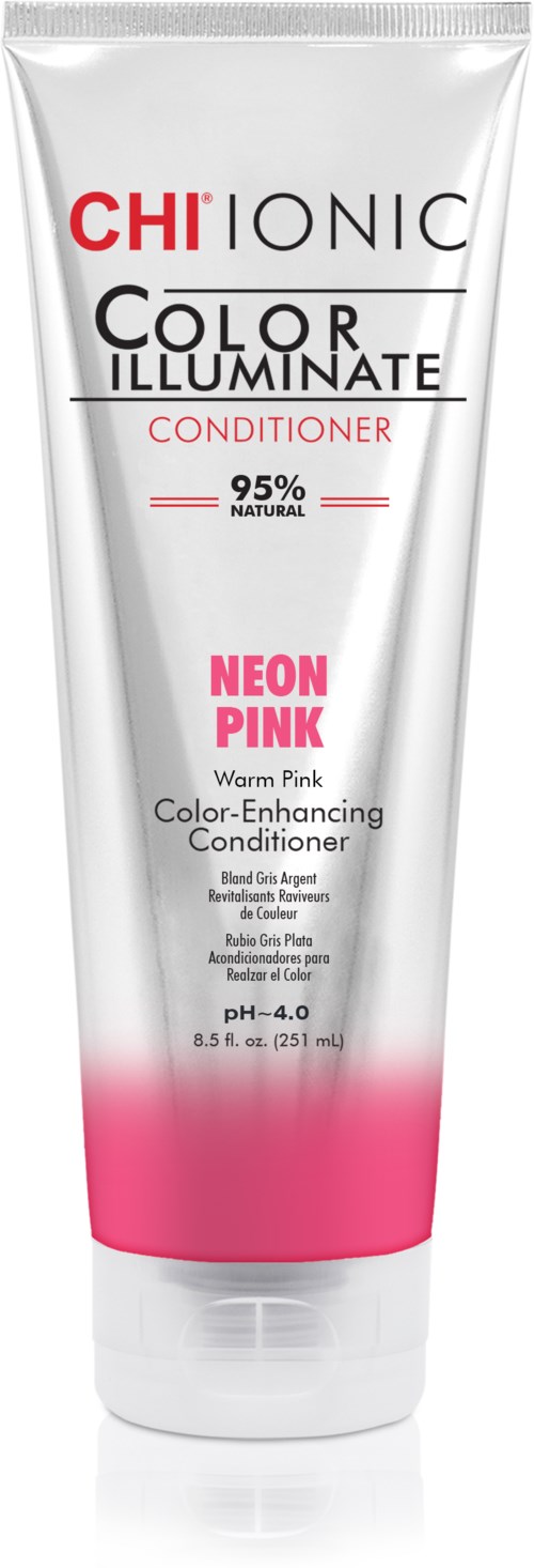 En vit och rosa tub av CHI Ionic Color Illuminate Conditioner, märkt för värme och glöd, med 95% naturliga ingredienser.