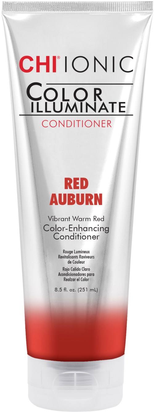 En vit tub med röd och svart text, märkt 'CHI Ionic Color Illuminate Conditioner Red Auburn', med röd färg längst ner.