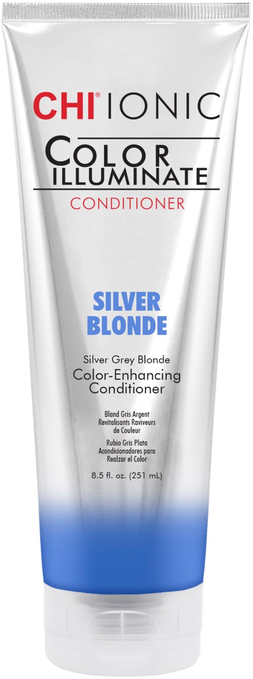 En silver- och blå tub av CHI Ionic Color Illuminate balsam för blont hår. Det förbättrar färgen och ger glans.