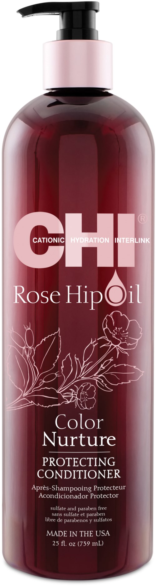 En lång, rosa och röd flaska med Rose Hip Oil- balsam med pump, blomsterdesign och vit text.