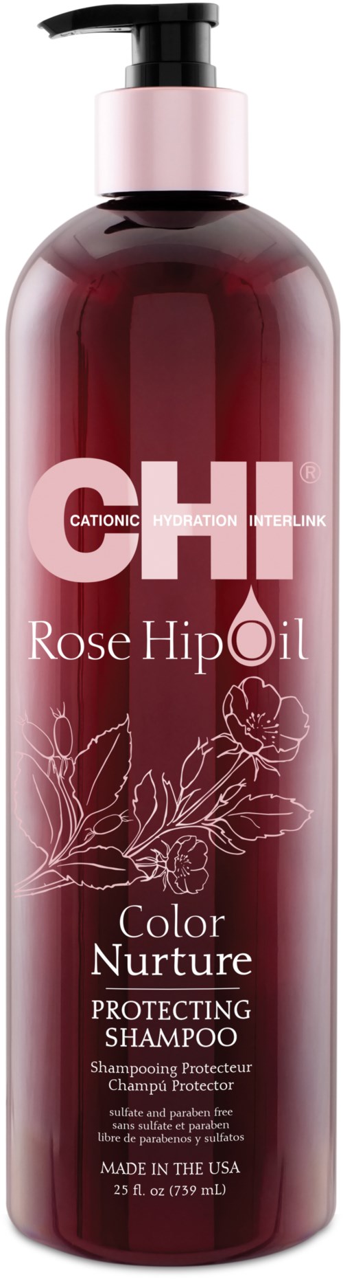 En schampoflaska med pump, mörkröd färg, märkt "Rose Hip Oil" och "Color Nurture."
