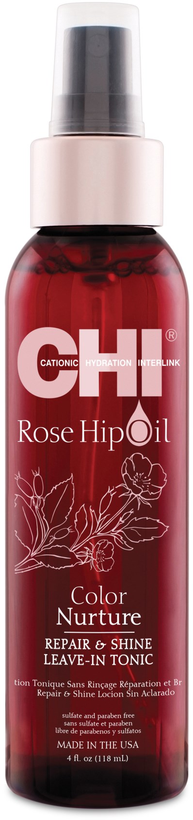 En röd flaska märkt "Rose Hip Oil" med vit spraylock, innehåller hårvårdsprodukt för färgnäring.