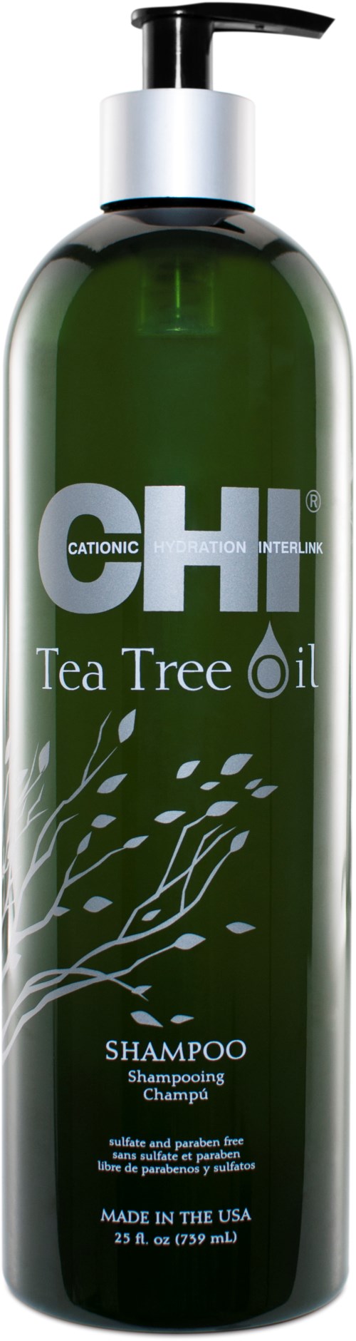 En grön schampoflaska med pump, märkt 'Tea Tree Oil' och 'CATIONIC CLEAN'.