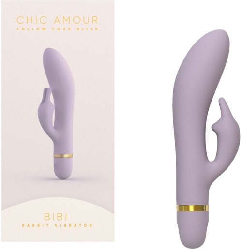 En lavendelfärgad kaninvibrator med böjd form och en liten arm, med ett gult band, visas i två vyer.