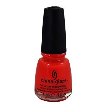 Rood nagellak fles met zwarte dop, labeled 'China Glaze' met 14 mL inhoud.
