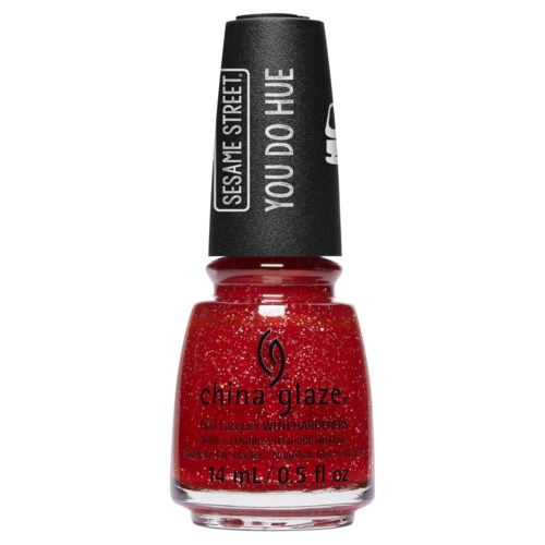 Rött glitternagellack i liten flaska med svart lock, märkt 'china glaze'.