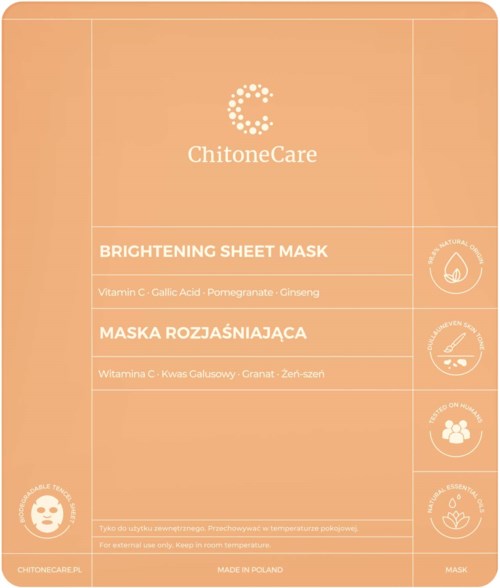 A peach-colored sheet mask packaging with brand name, product description, key ingredients, and icons for natural, soothing, and hydrating effects.